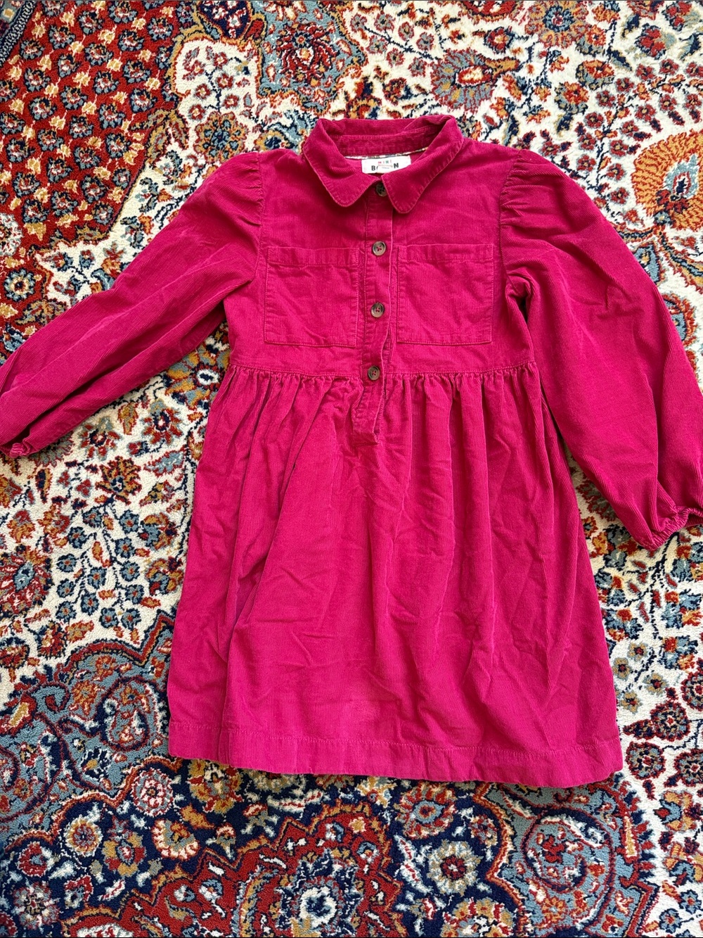 Boden Girls' Long Sleeve Corduroy Dress in Berry Pink